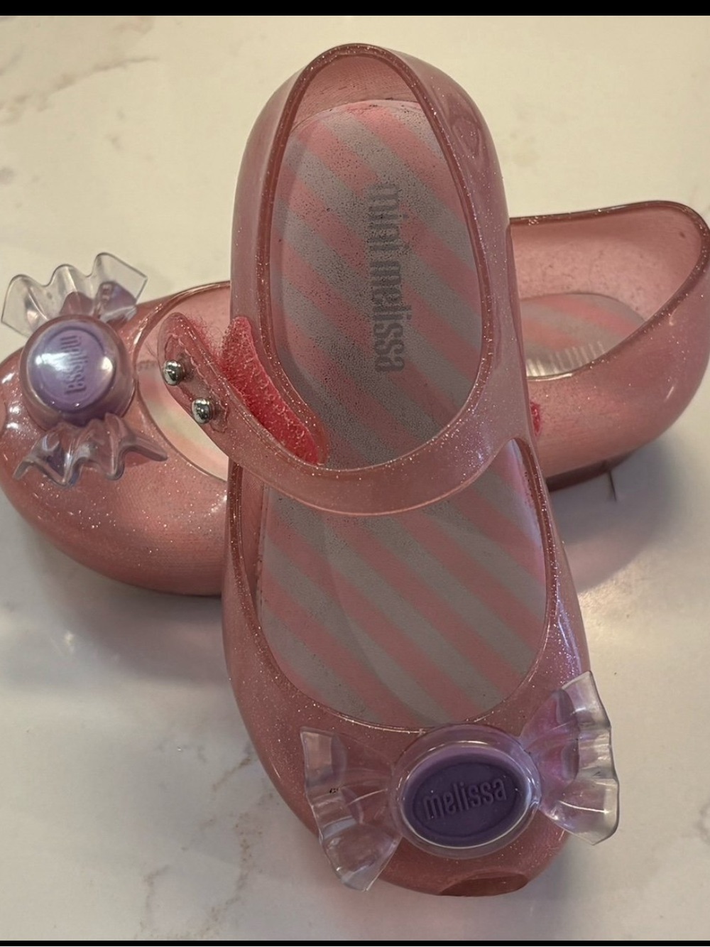 Mini Melissa Girls Pink Glitter Jelly Mary Jane Sandals with Candy Bow Accent